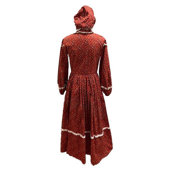 VTG Handmade Prairie Maxi Dress Red Calico Tiered + Bonnet Long Sleeve Sz Small - Picture 6 of 15